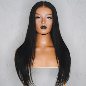 SEAMLESS Ready To Wear 9x6" #1 JET BLACK Straight Human Hair Wig