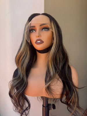 DARKEST BROWN w/ Blonde Human Hair Lace Front Wig