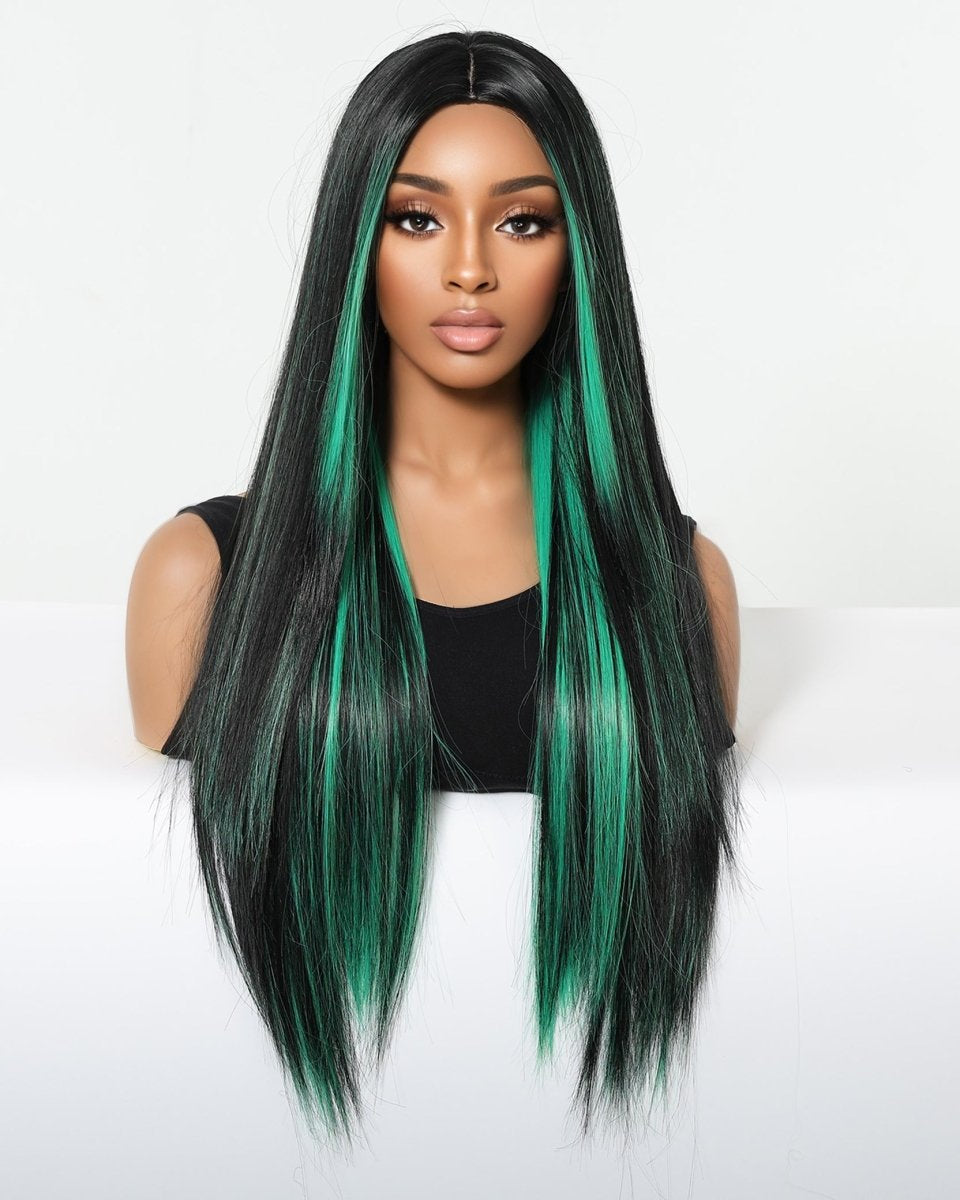 Black Wig with Emerald Green Face - Framing Highlights Wig - MARKETPLACE - Milk & Honey Wigs