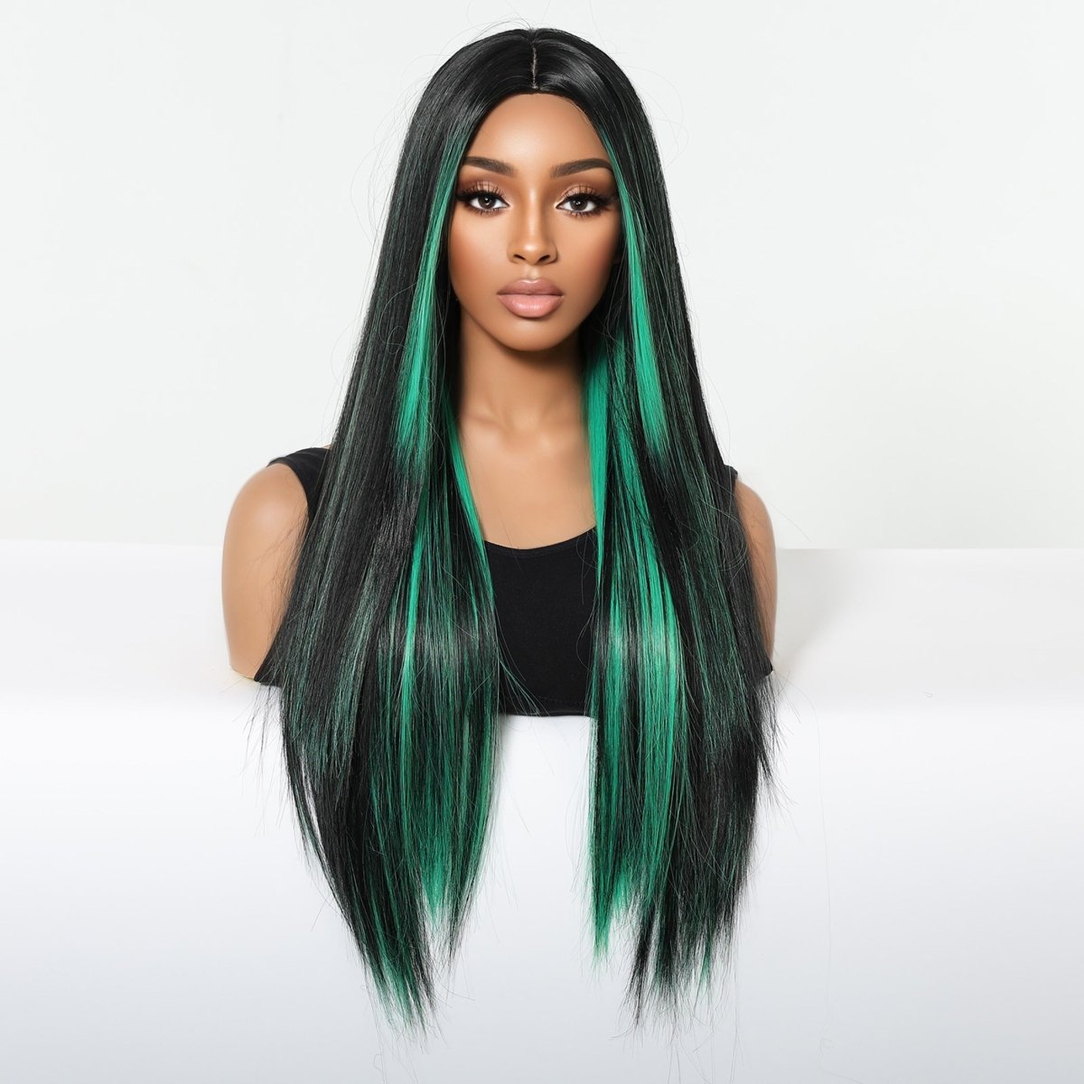 Black Wig with Emerald Green Face - Framing Highlights Wig - MARKETPLACE - Milk & Honey Wigs
