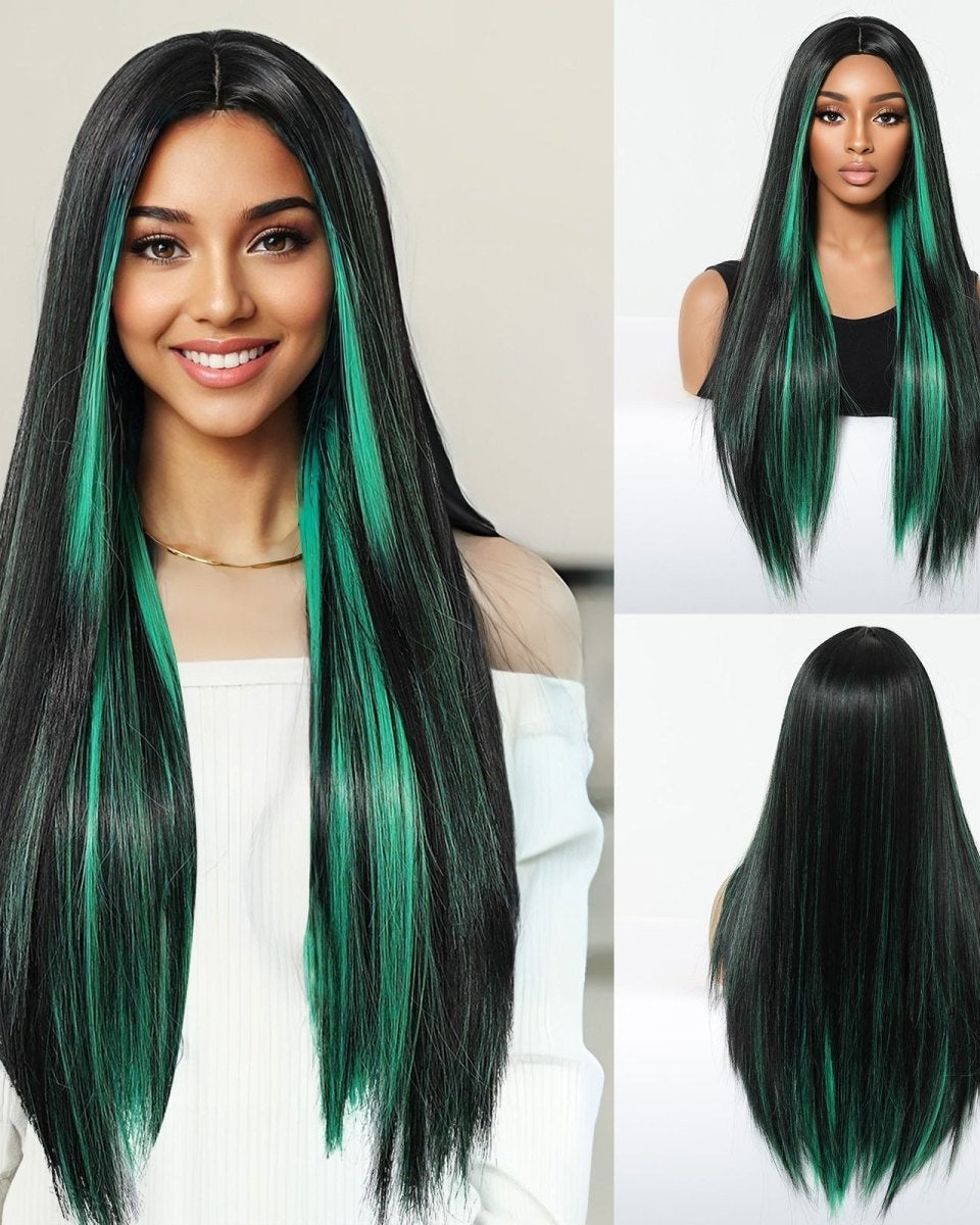 Black Wig with Emerald Green Face - Framing Highlights Wig - MARKETPLACE - Milk & Honey Wigs
