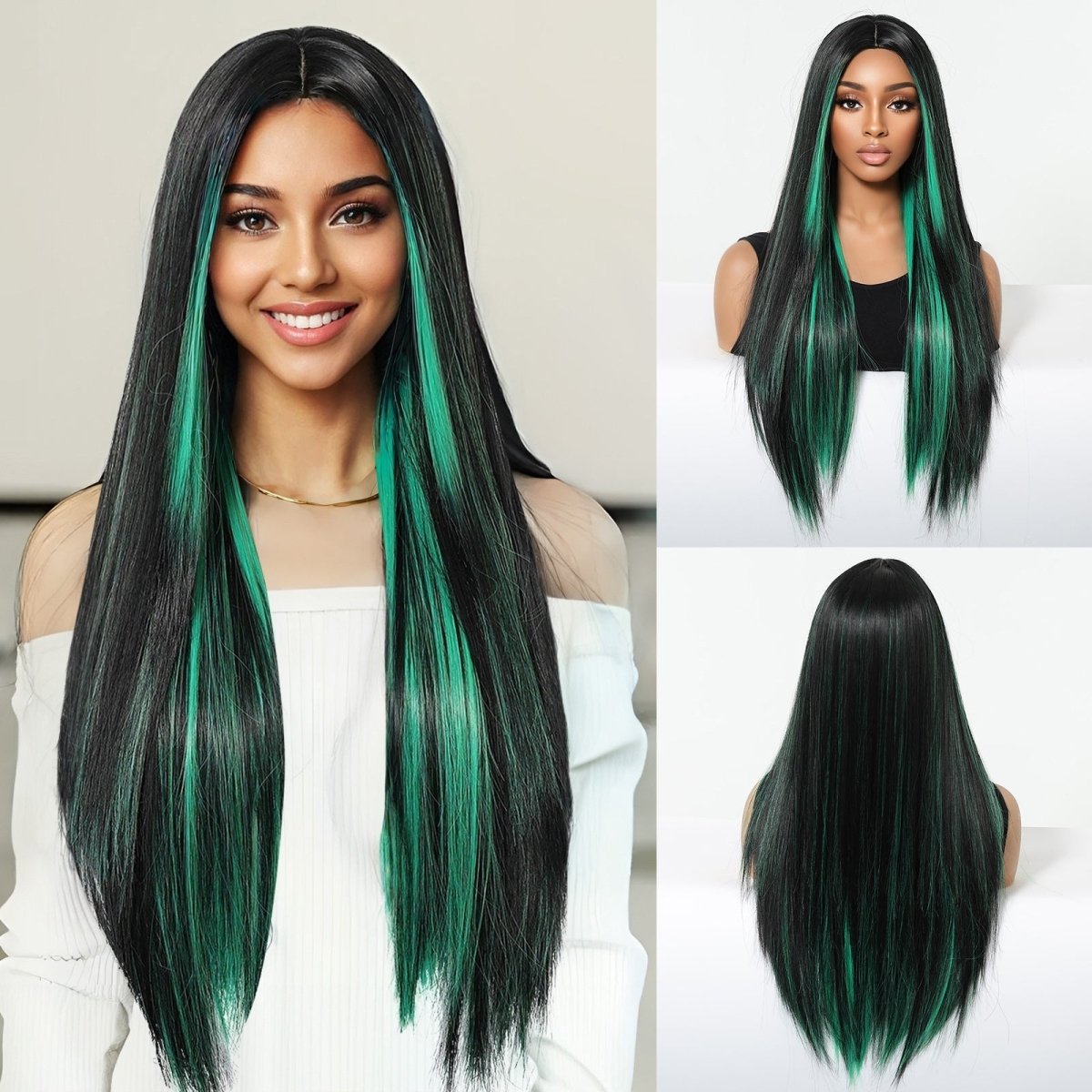 Black Wig with Emerald Green Face - Framing Highlights Wig - MARKETPLACE - Milk & Honey Wigs