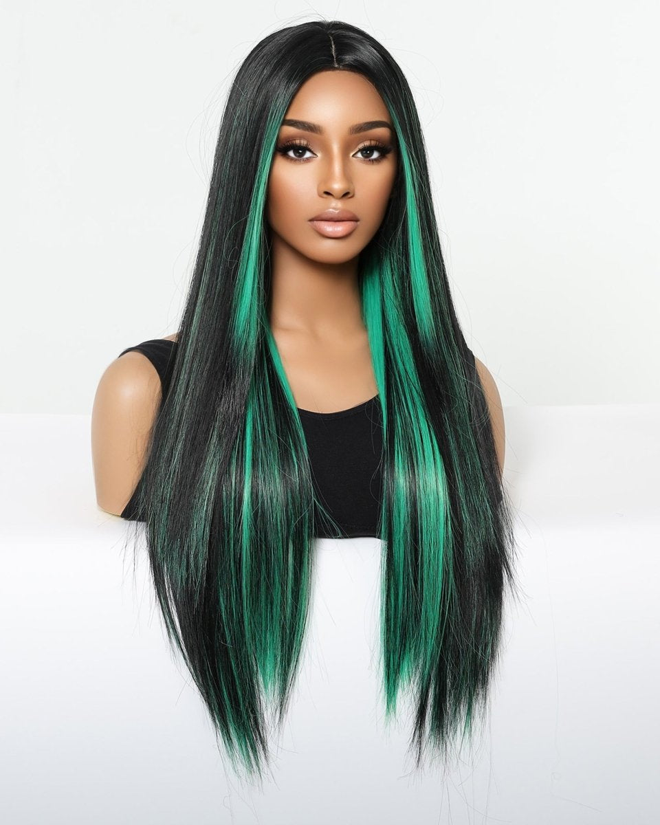 Black Wig with Emerald Green Face - Framing Highlights Wig - MARKETPLACE - Milk & Honey Wigs