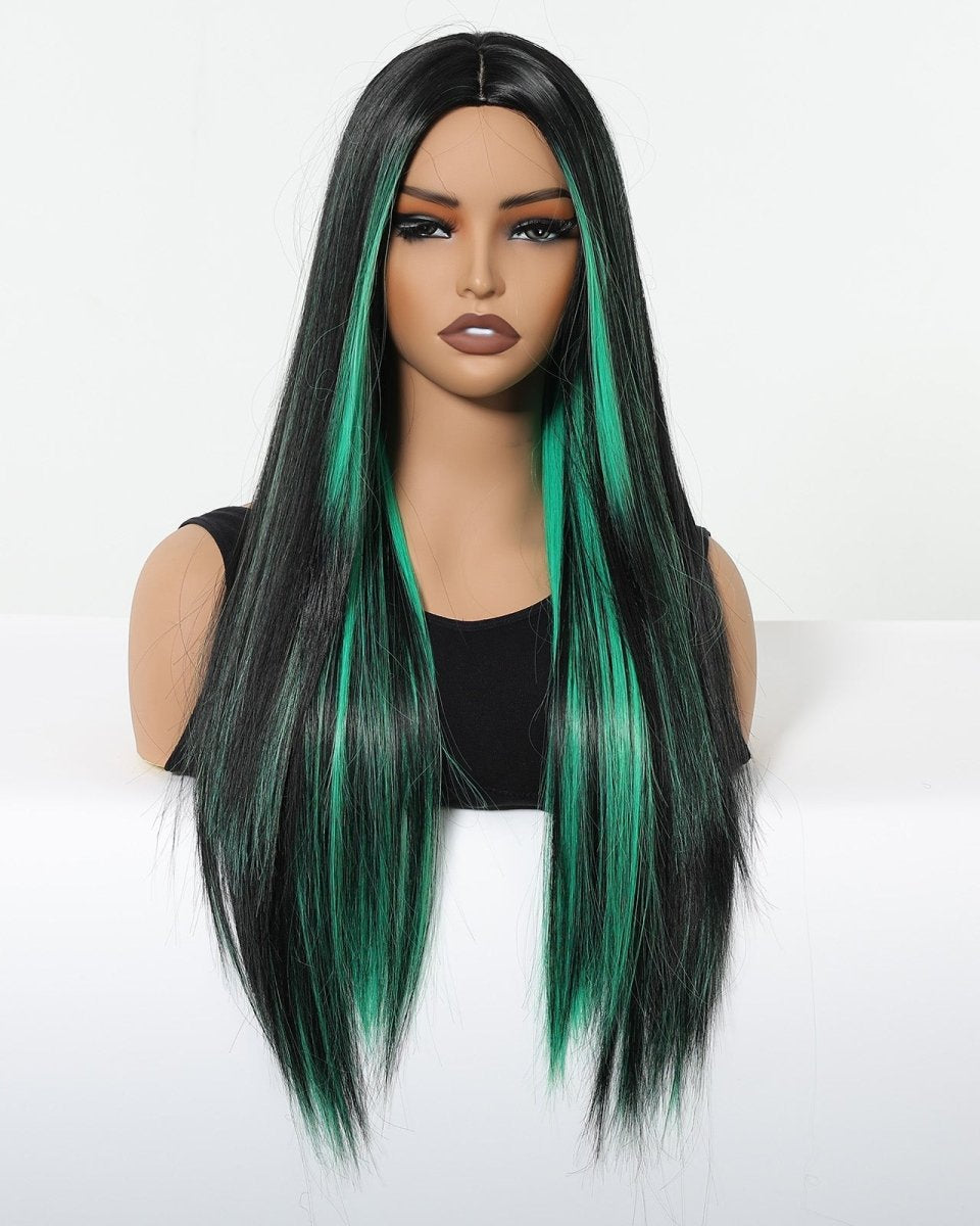 Black Wig with Emerald Green Face - Framing Highlights Wig - MARKETPLACE - Milk & Honey Wigs