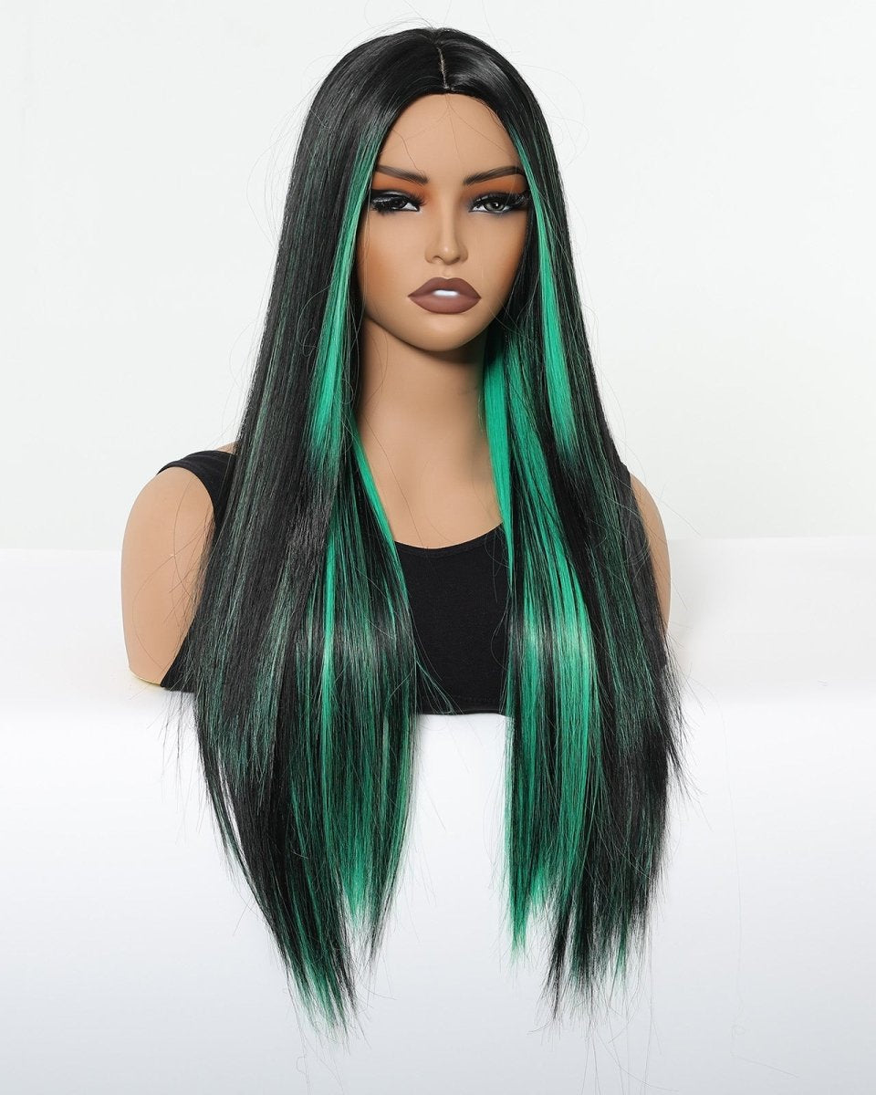 Black Wig with Emerald Green Face - Framing Highlights Wig - MARKETPLACE - Milk & Honey Wigs