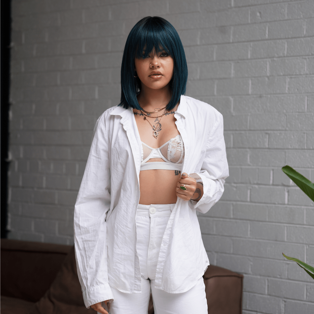 COURTNEY Teal Fringe Wig - Milk & Honey Wigs