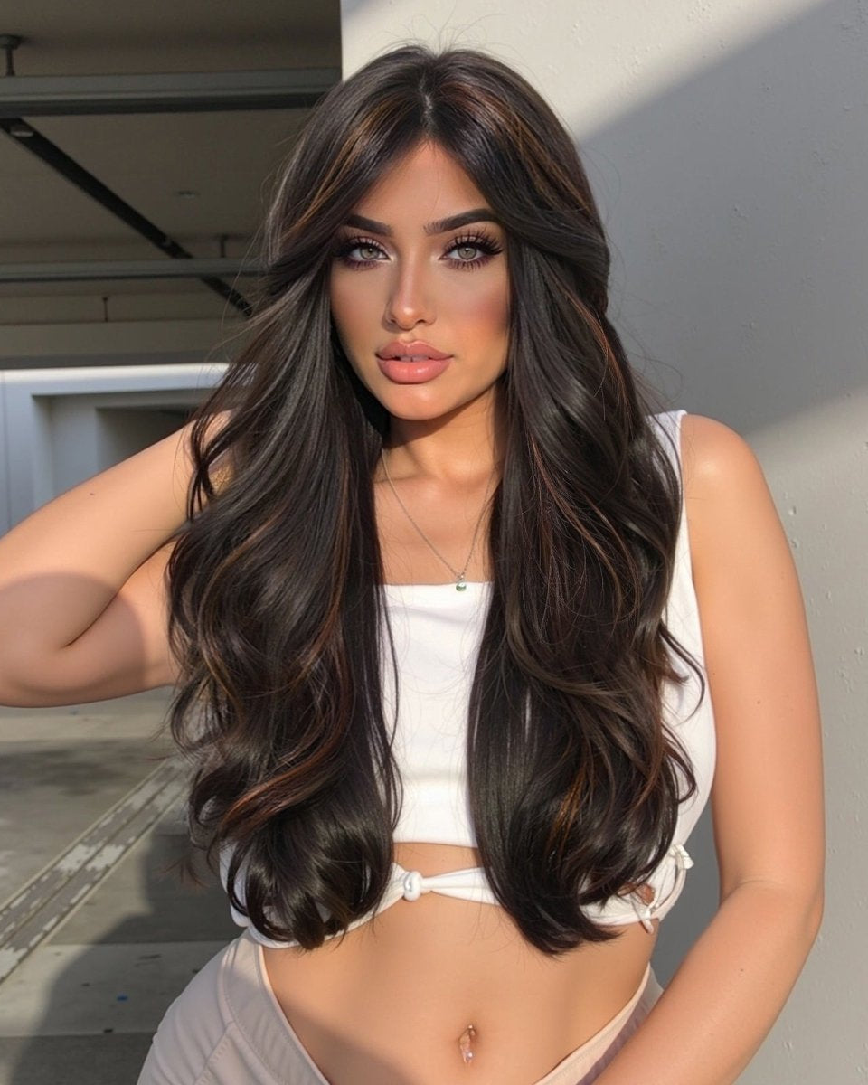 Dark Brown Wig Caramel Highlights Wig - MARKETPLACE - Milk & Honey Wigs