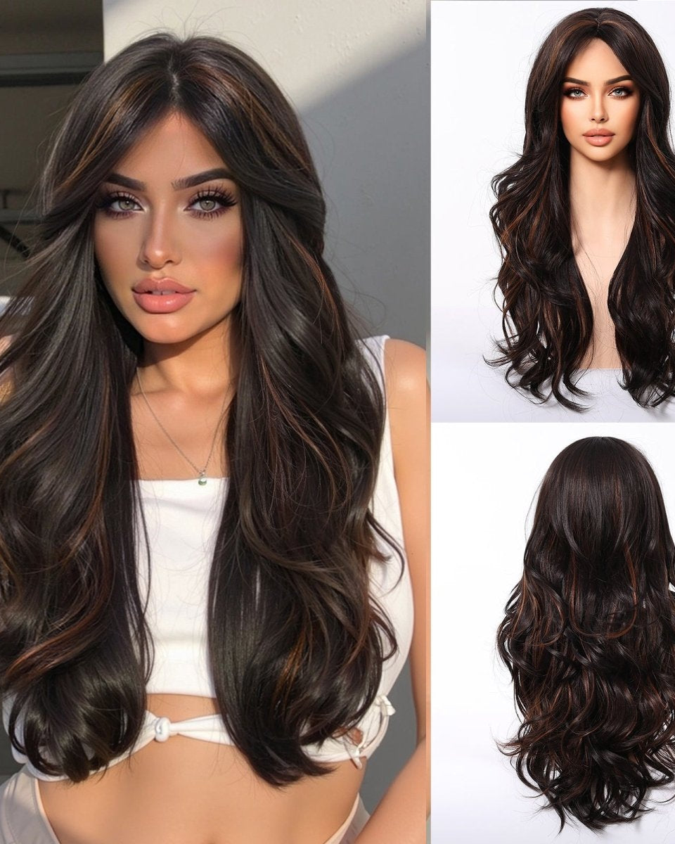 Dark Brown Wig Caramel Highlights Wig - MARKETPLACE - Milk & Honey Wigs