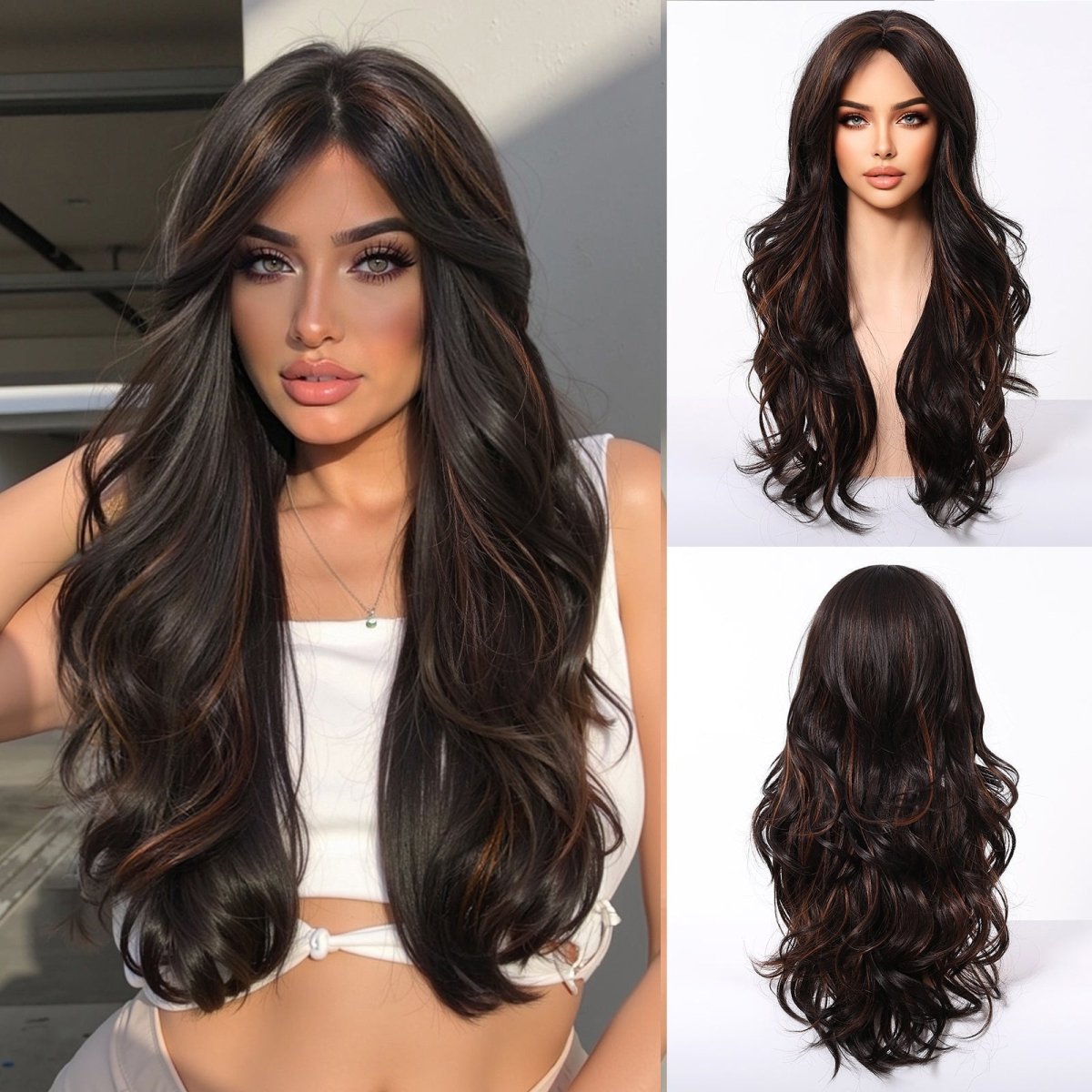 Dark Brown Wig Caramel Highlights Wig - MARKETPLACE - Milk & Honey Wigs
