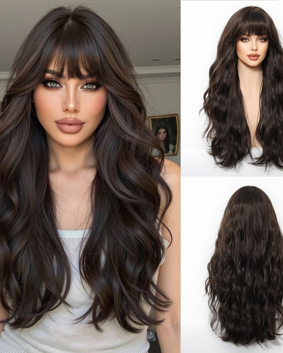 Dark Chocolate Wavy Wig with Full Fringe - MARKETPLACE - Milk & Honey Wigs