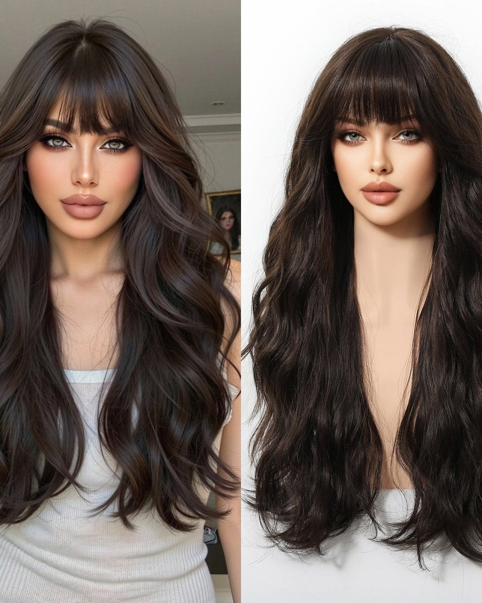 Dark Chocolate Wavy Wig with Full Fringe - MARKETPLACE - Milk & Honey Wigs