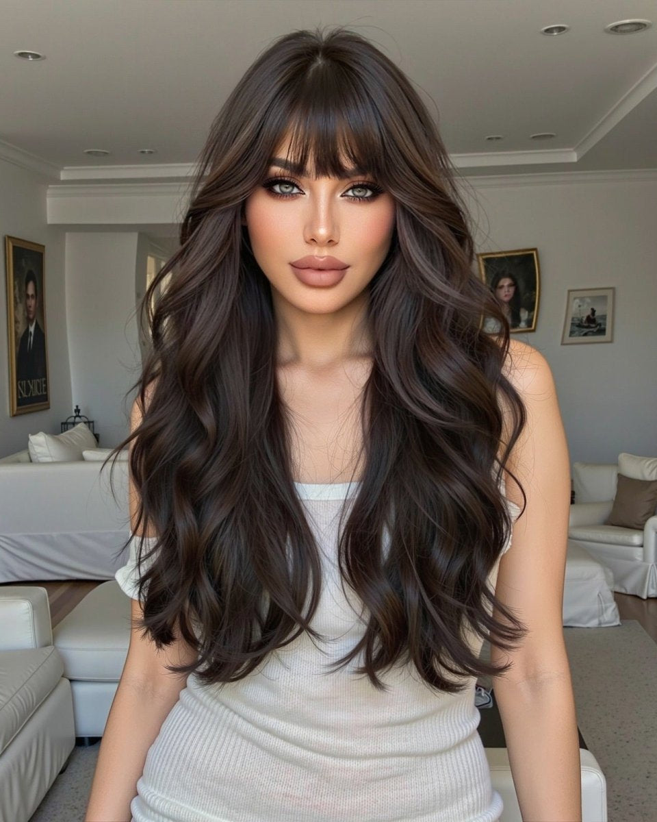 Dark Chocolate Wavy Wig with Full Fringe - MARKETPLACE - Milk & Honey Wigs