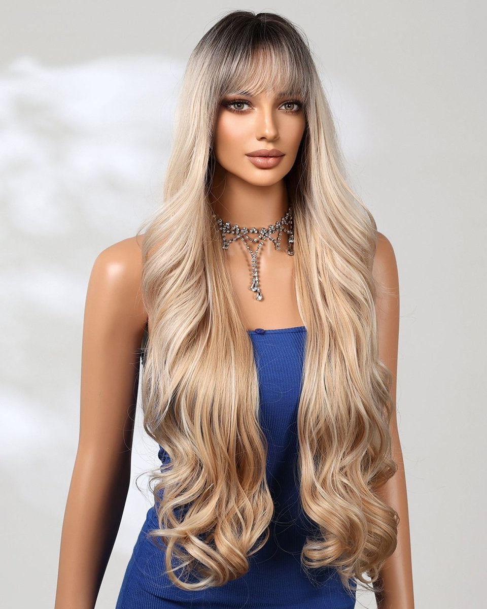 Extra Long Caramel Blonde With Root Wavy Fringe Wig - MARKETPLACE - Milk & Honey Wigs