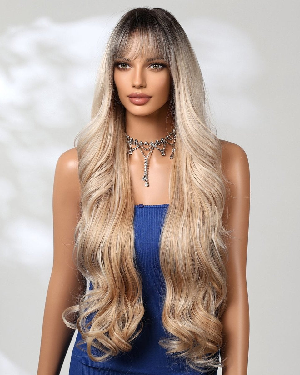 Extra Long Caramel Blonde With Root Wavy Fringe Wig - MARKETPLACE - Milk & Honey Wigs