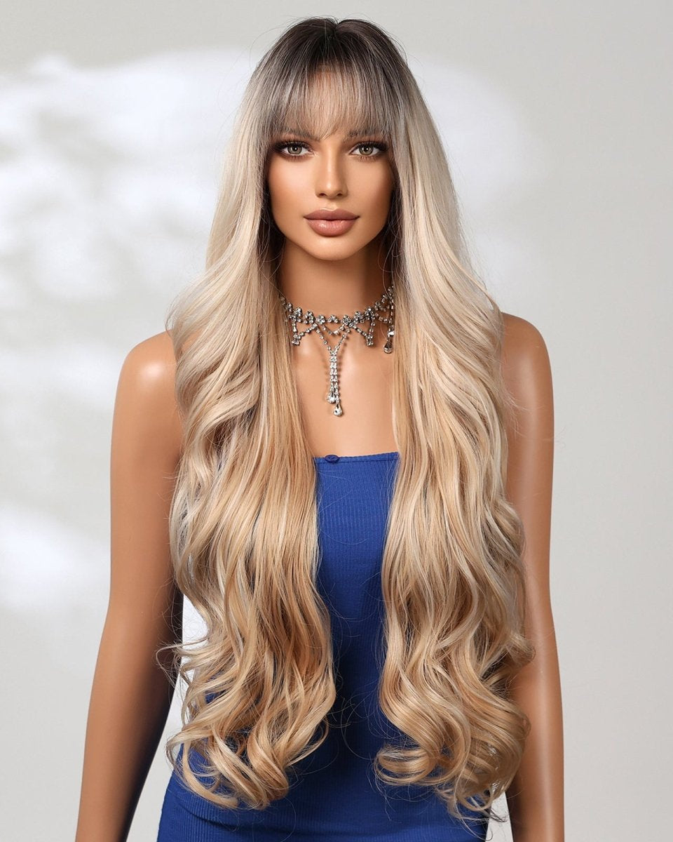 Extra Long Caramel Blonde With Root Wavy Fringe Wig - MARKETPLACE - Milk & Honey Wigs