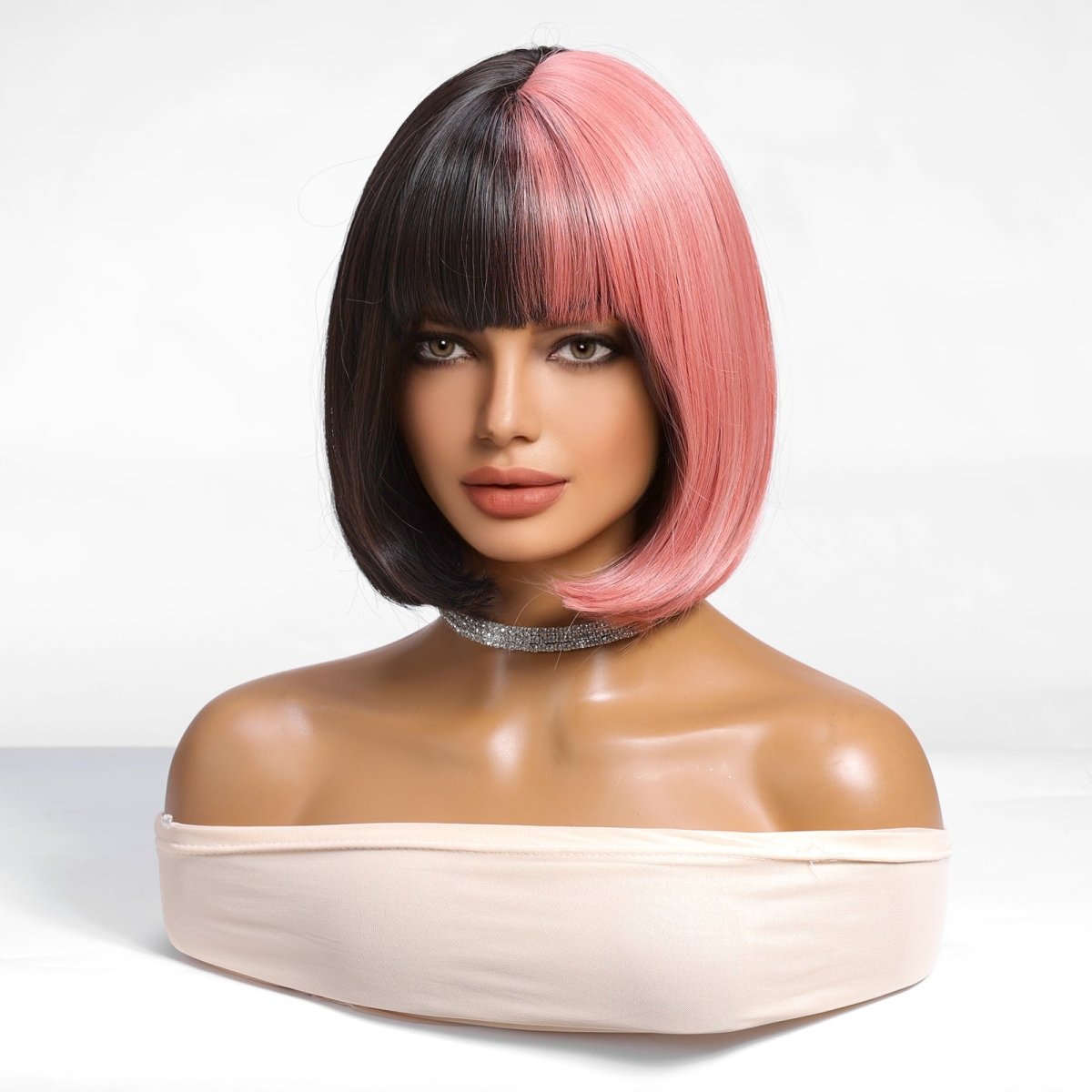 Half Pink Half Black Blunt Bob with Full Fringe Wig - MARKETPLACE - Milk & Honey Wigs