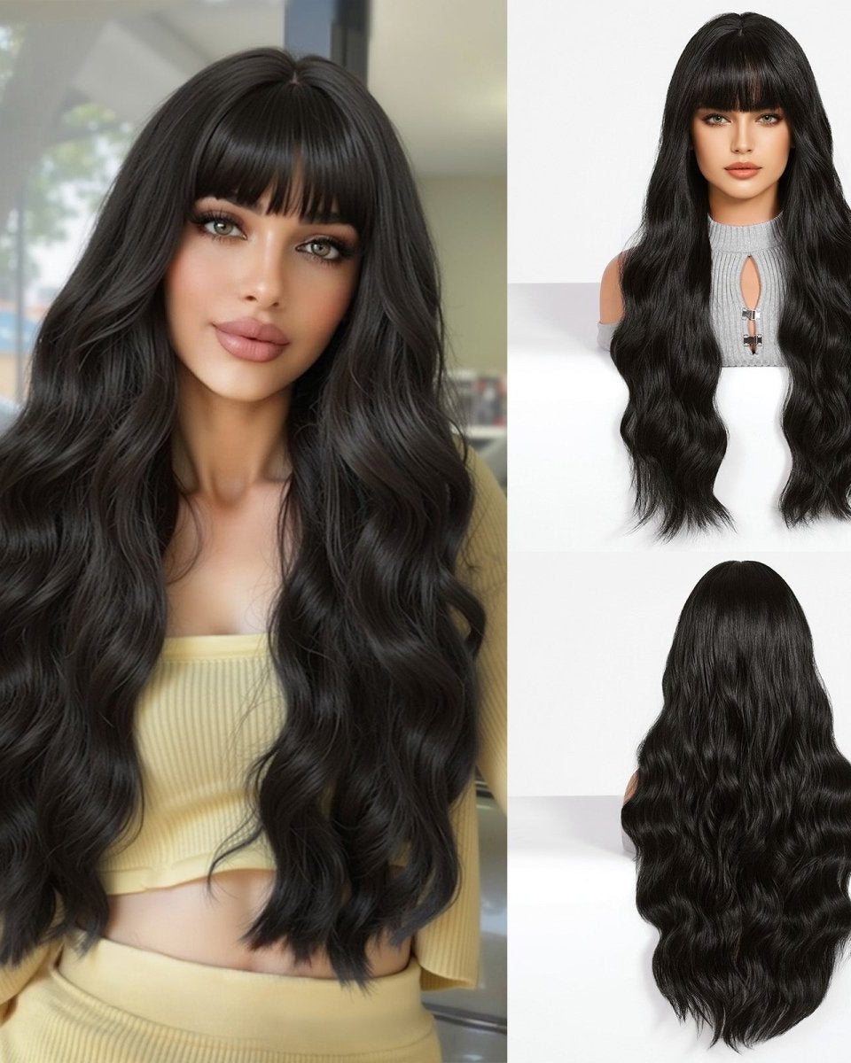 Long Wavy Natural Black with bangs Wig - MARKETPLACE - Milk & Honey Wigs