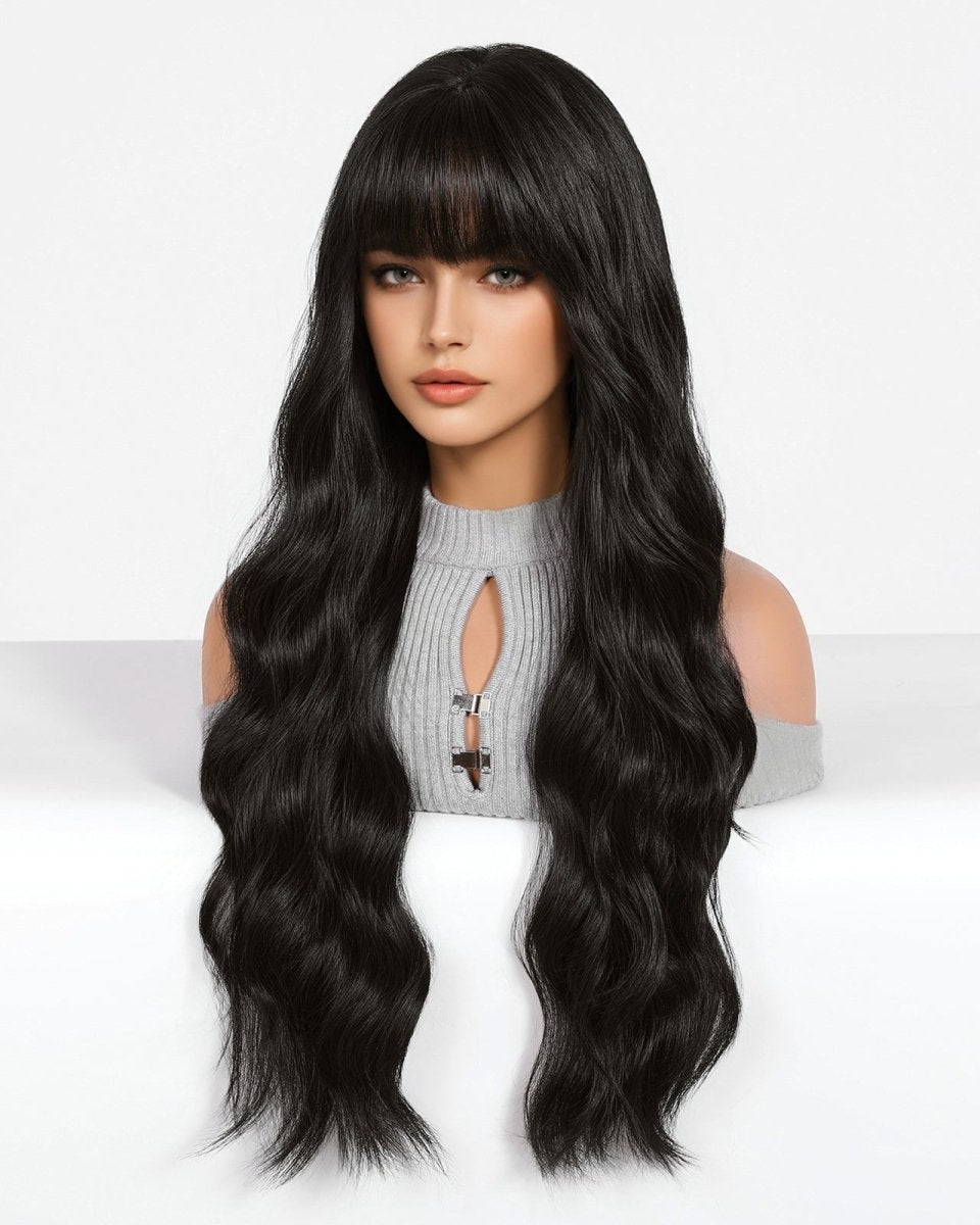 Long Wavy Natural Black with bangs Wig - MARKETPLACE - Milk & Honey Wigs