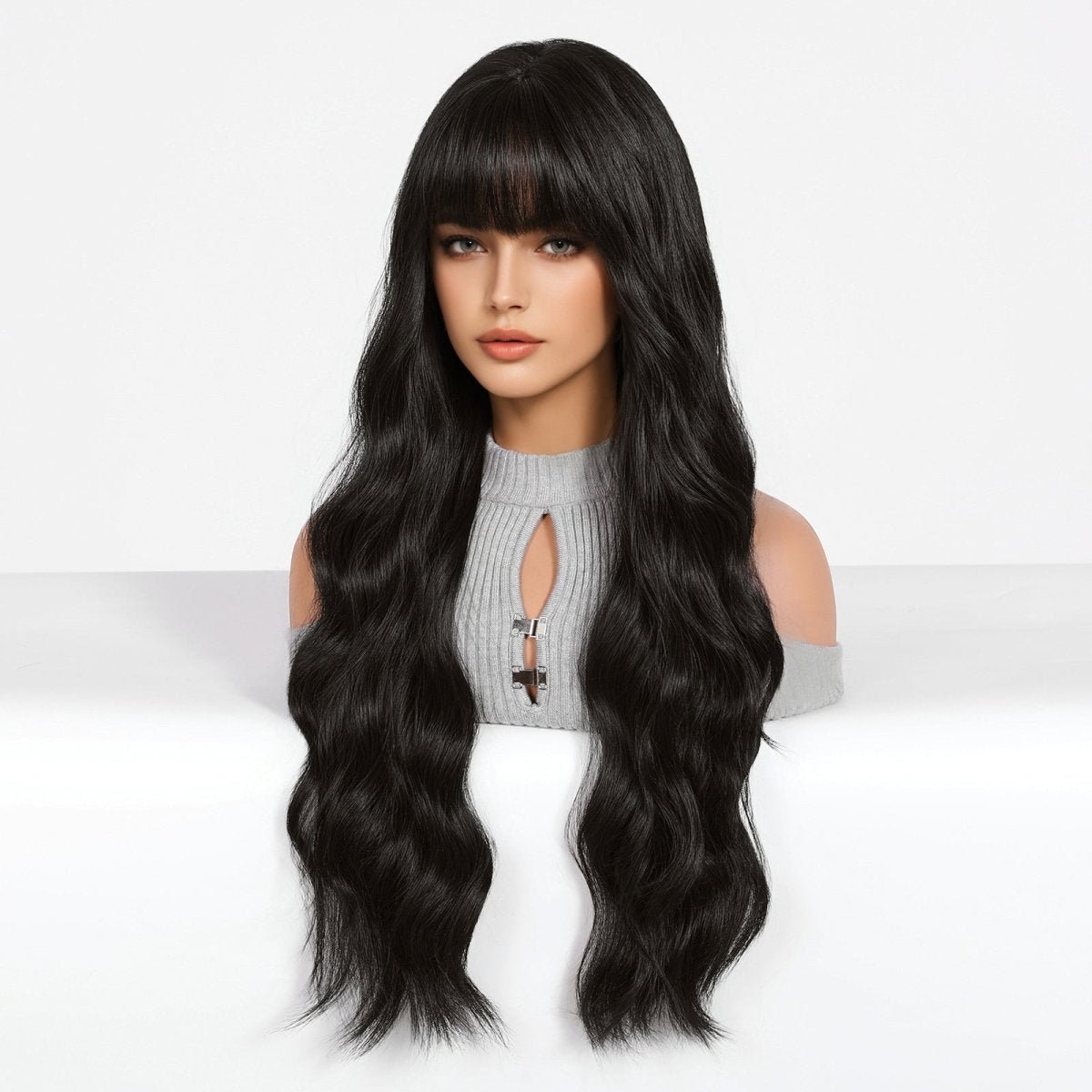 Long Wavy Natural Black with bangs Wig - MARKETPLACE - Milk & Honey Wigs