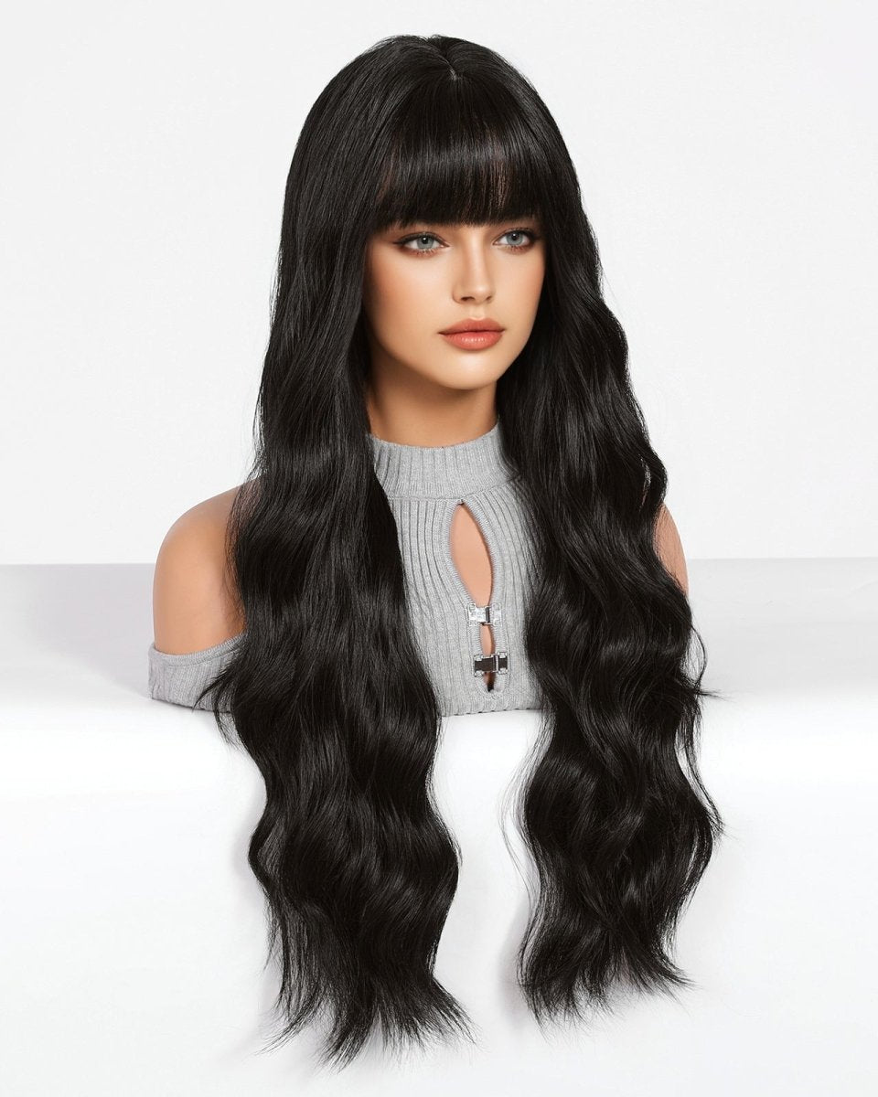 Long Wavy Natural Black with bangs Wig - MARKETPLACE - Milk & Honey Wigs