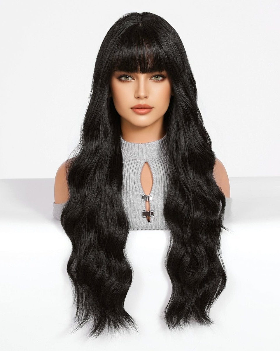 Long Wavy Natural Black with bangs Wig - MARKETPLACE - Milk & Honey Wigs