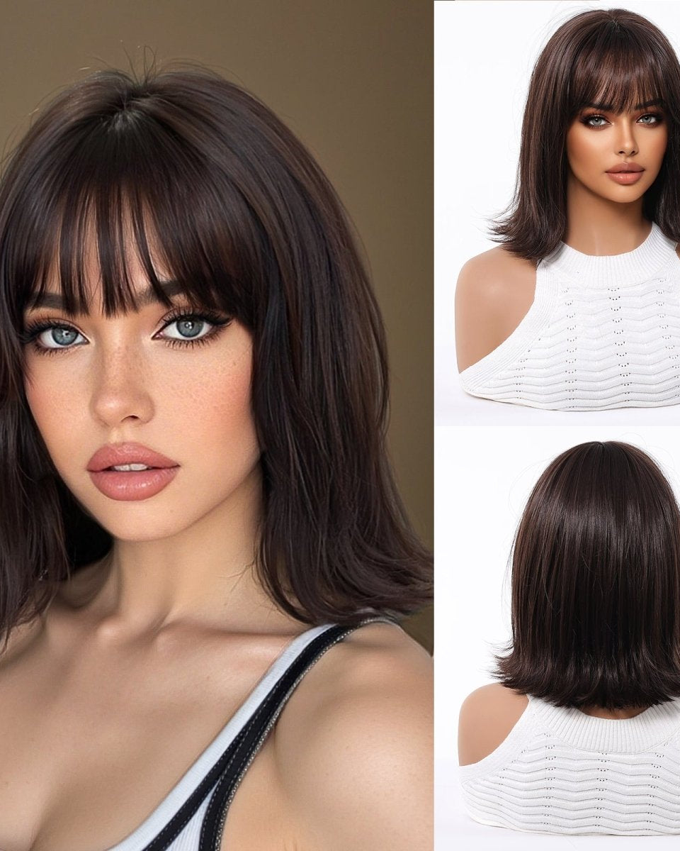 Short Dark Brown Bob Wispy Fringe Wig - MARKETPLACE - Milk & Honey Wigs