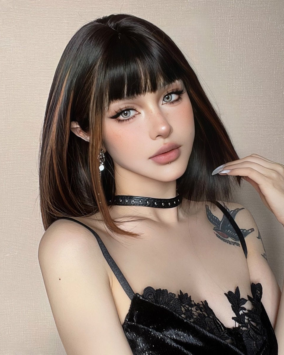 Sleek Black Bob Wig with Bangs and Caramel Highlights - MARKETPLACE - Milk & Honey Wigs