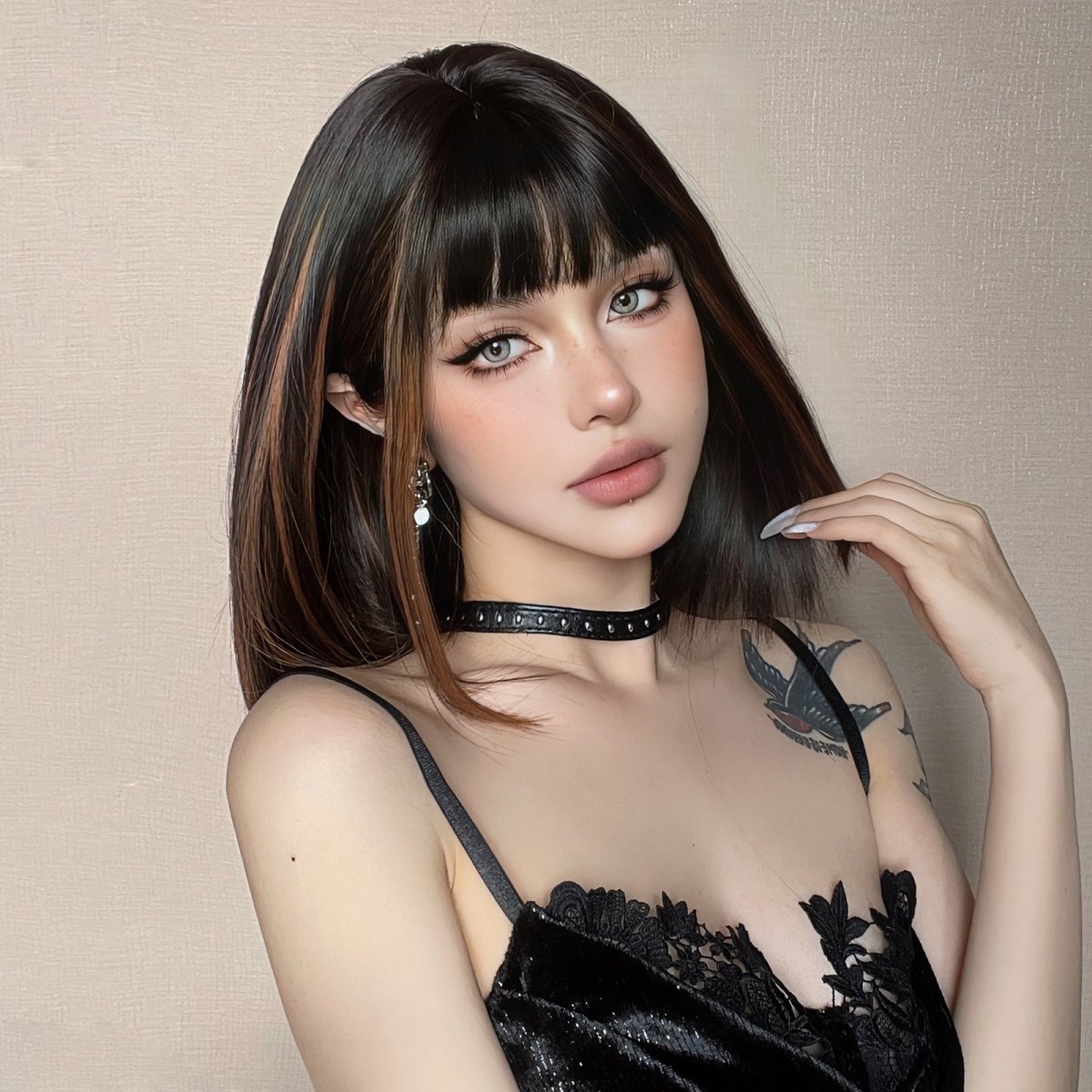 Sleek Black Bob Wig with Bangs and Caramel Highlights - MARKETPLACE - Milk & Honey Wigs