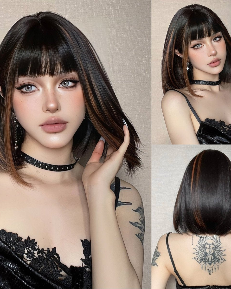 Sleek Black Bob Wig with Bangs and Caramel Highlights - MARKETPLACE - Milk & Honey Wigs