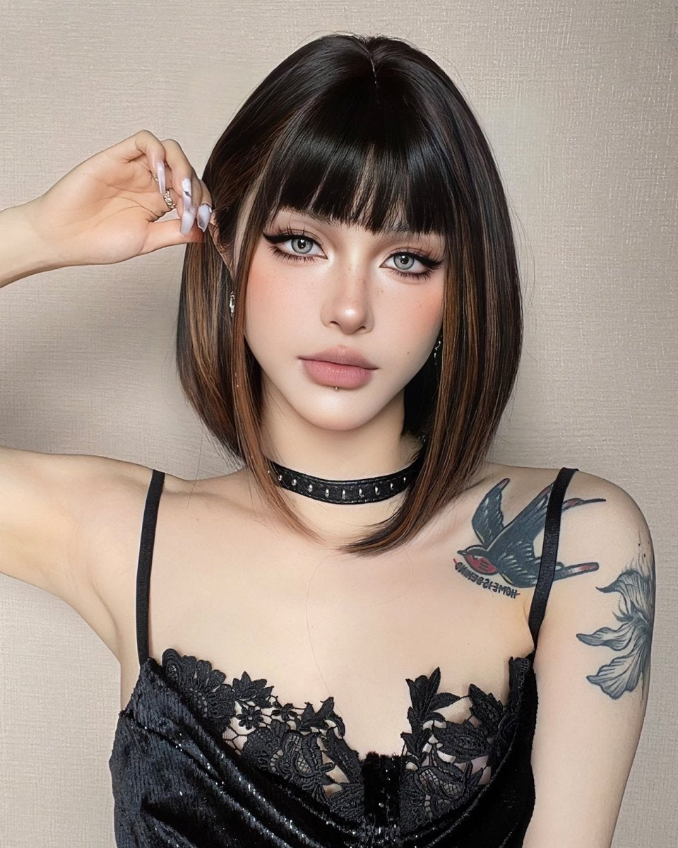 Sleek Black Bob Wig with Bangs and Caramel Highlights - MARKETPLACE - Milk & Honey Wigs