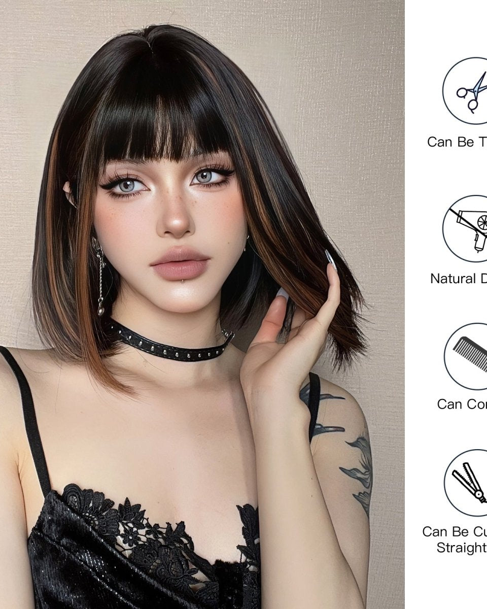 Sleek Black Bob Wig with Bangs and Caramel Highlights - MARKETPLACE - Milk & Honey Wigs