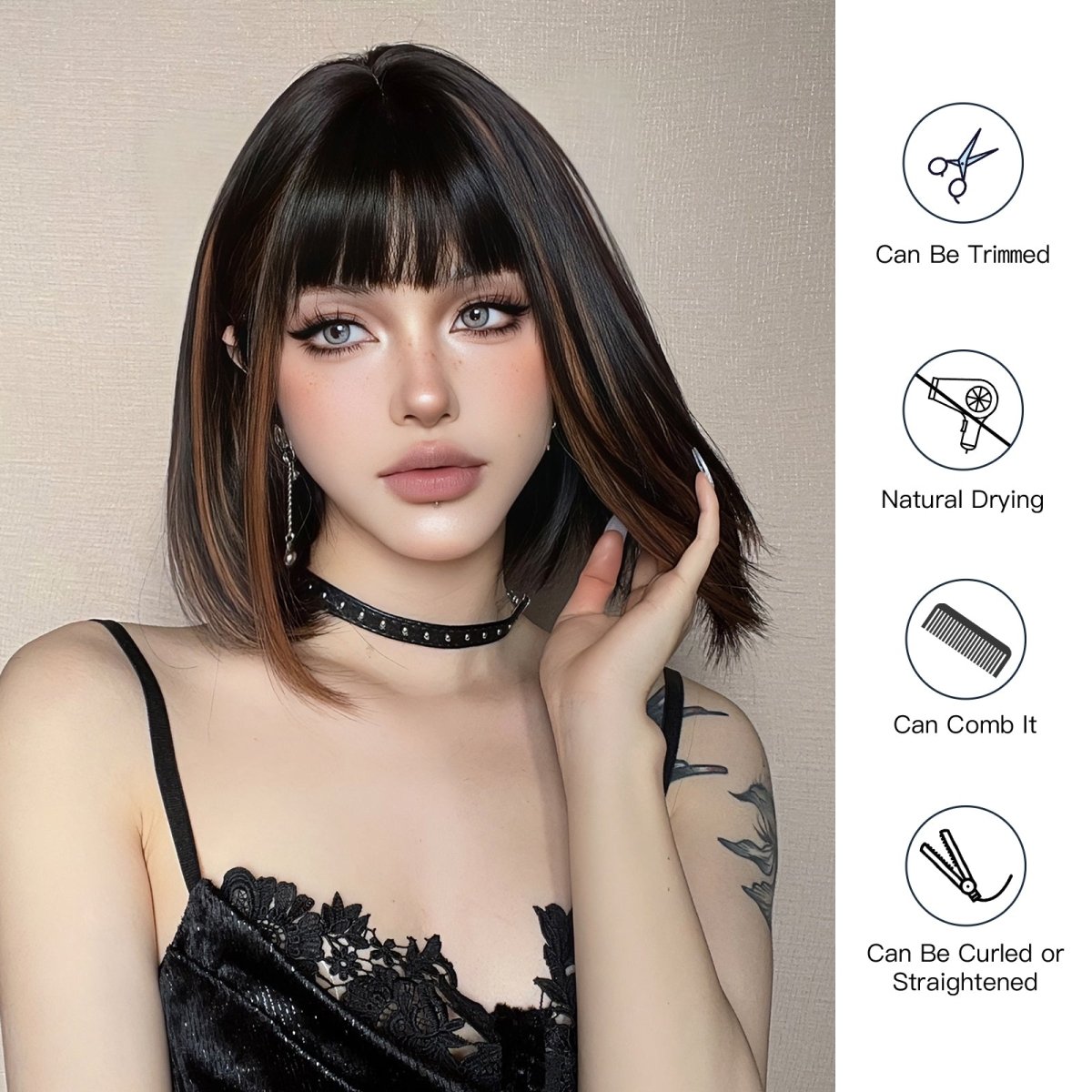 Sleek Black Bob Wig with Bangs and Caramel Highlights - MARKETPLACE - Milk & Honey Wigs