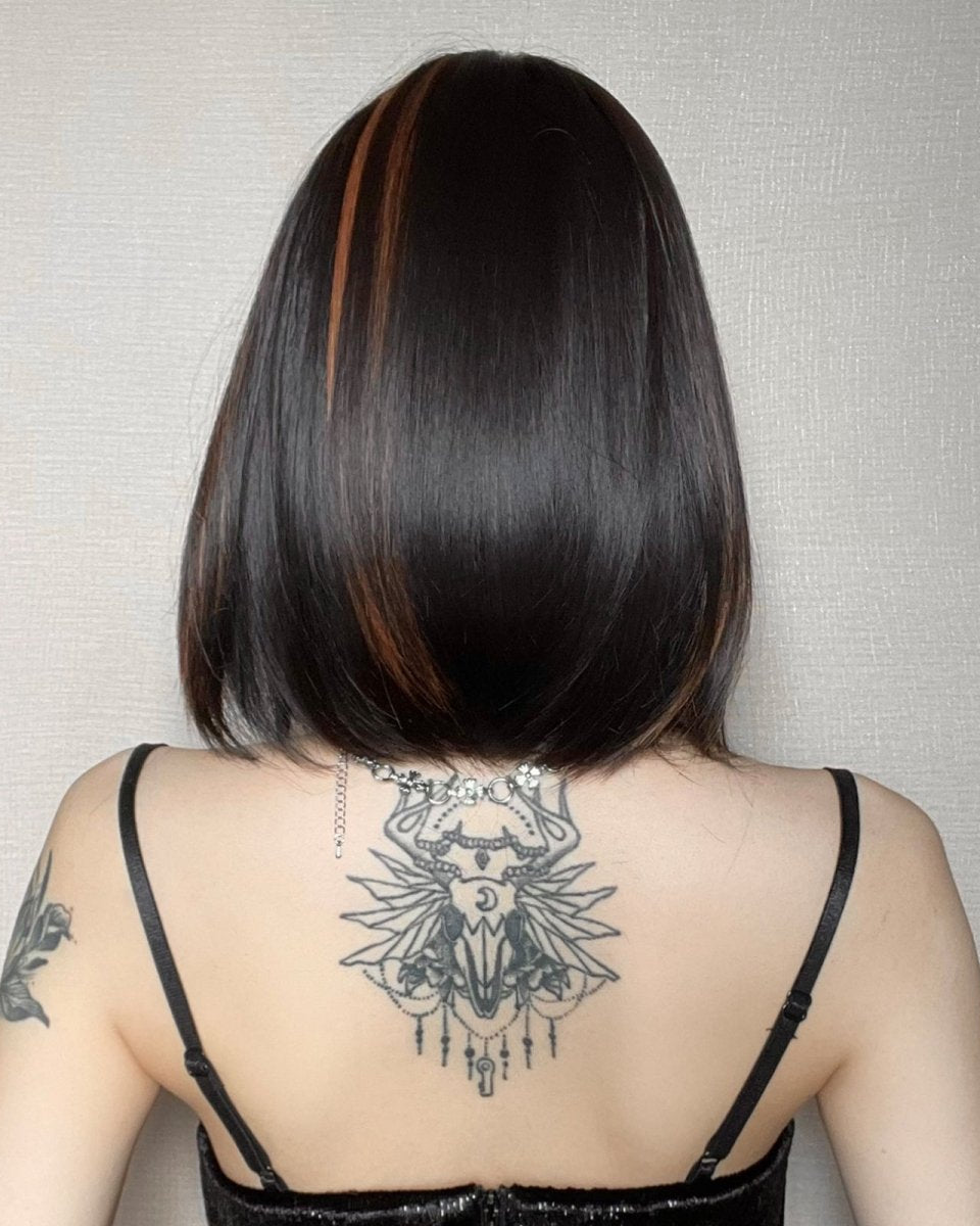 Sleek Black Bob Wig with Bangs and Caramel Highlights - MARKETPLACE - Milk & Honey Wigs
