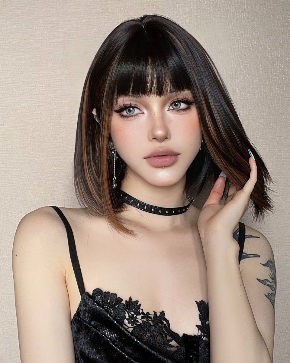 Sleek Black Bob Wig with Bangs and Caramel Highlights - MARKETPLACE - Milk & Honey Wigs