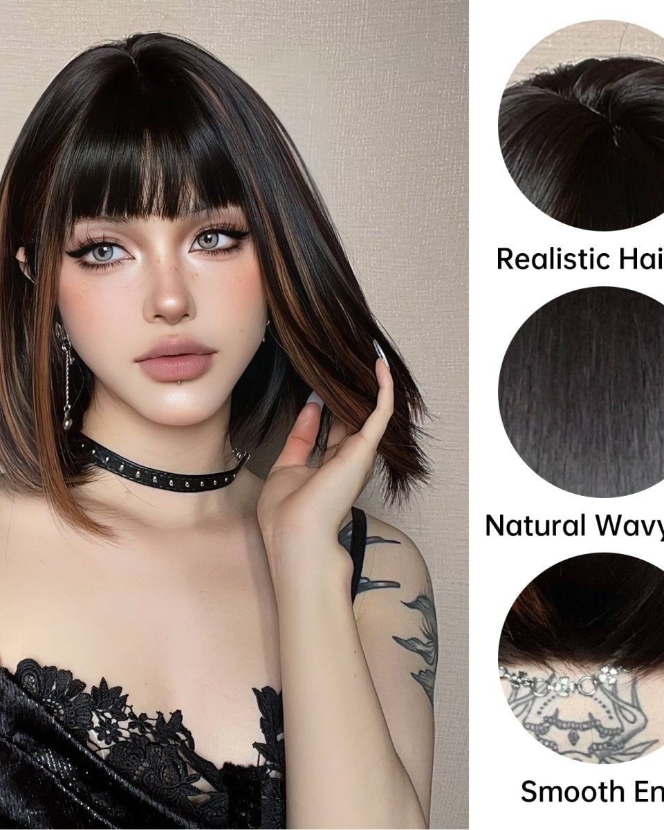 Sleek Black Bob Wig with Bangs and Caramel Highlights - MARKETPLACE - Milk & Honey Wigs