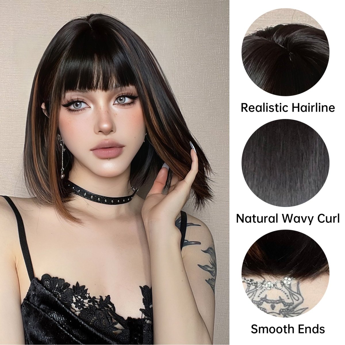 Sleek Black Bob Wig with Bangs and Caramel Highlights - MARKETPLACE - Milk & Honey Wigs