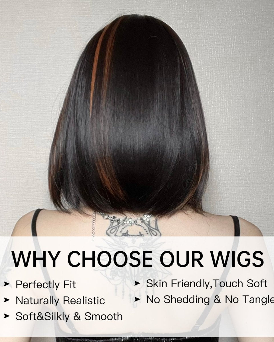 Sleek Black Bob Wig with Bangs and Caramel Highlights - MARKETPLACE - Milk & Honey Wigs