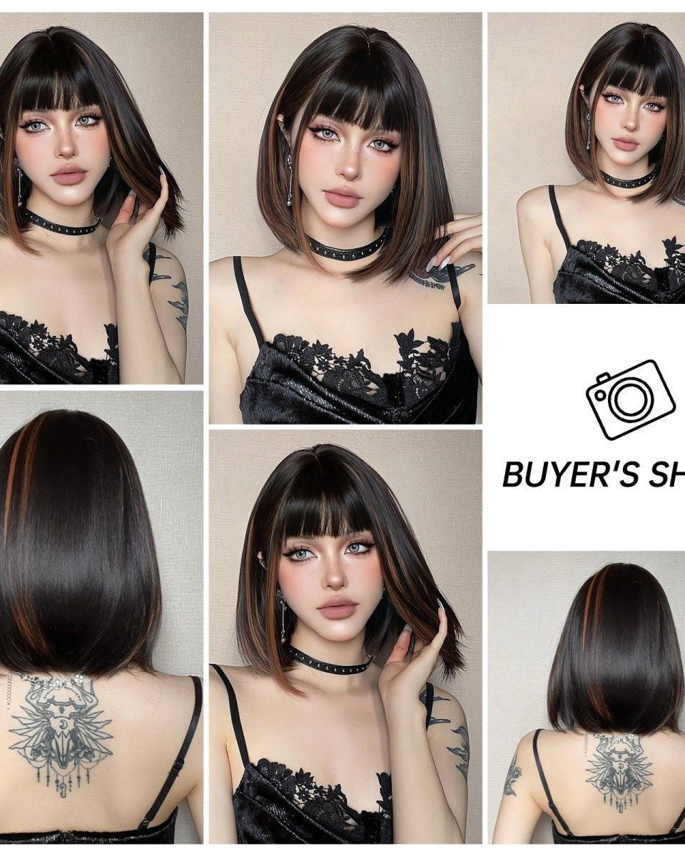 Sleek Black Bob Wig with Bangs and Caramel Highlights - MARKETPLACE - Milk & Honey Wigs