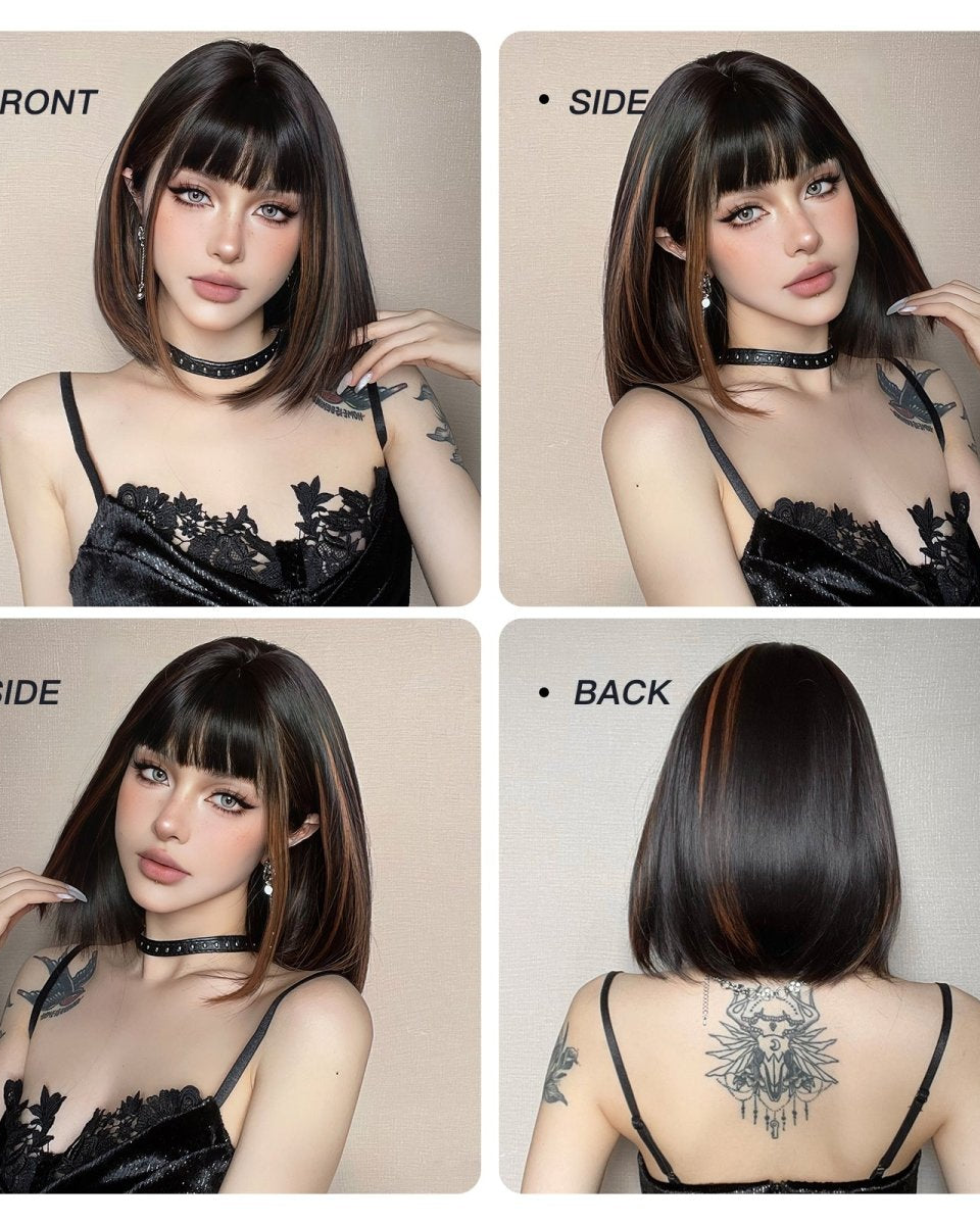 Sleek Black Bob Wig with Bangs and Caramel Highlights - MARKETPLACE - Milk & Honey Wigs