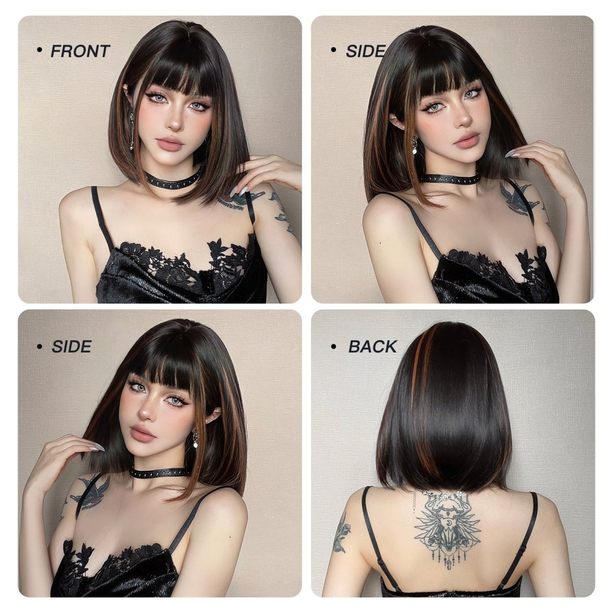 Sleek Black Bob Wig with Bangs and Caramel Highlights - MARKETPLACE - Milk & Honey Wigs