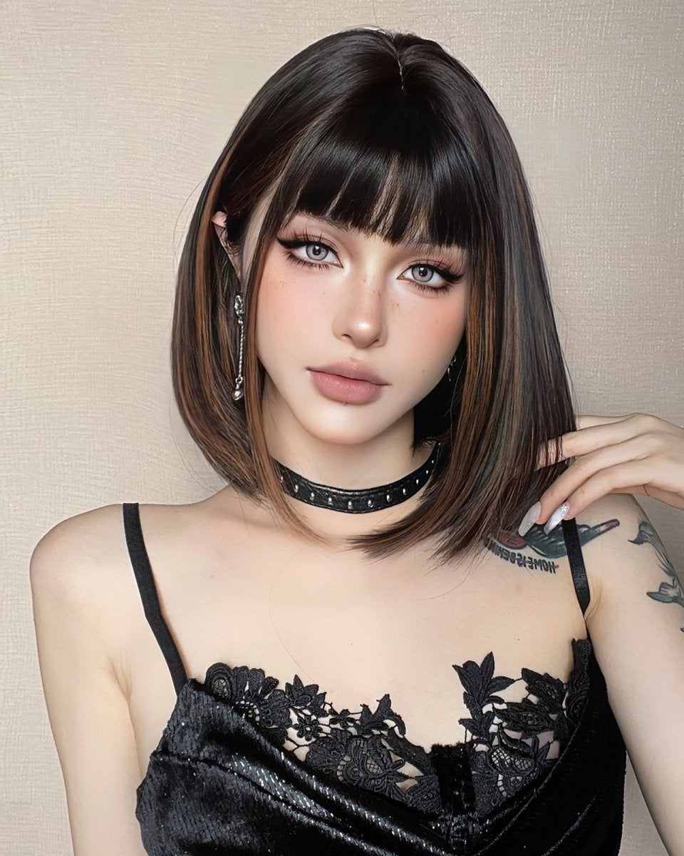 Sleek Black Bob Wig with Bangs and Caramel Highlights - MARKETPLACE - Milk & Honey Wigs