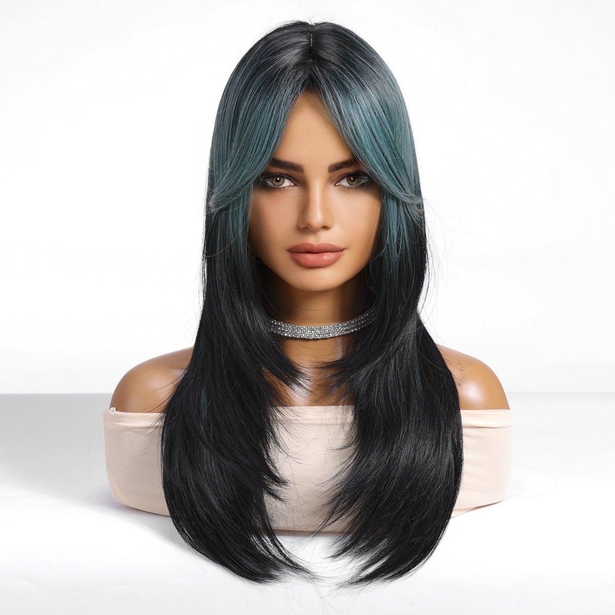Teal Highlight Layered with Curtain Bangs Wig - MARKETPLACE - Milk & Honey Wigs