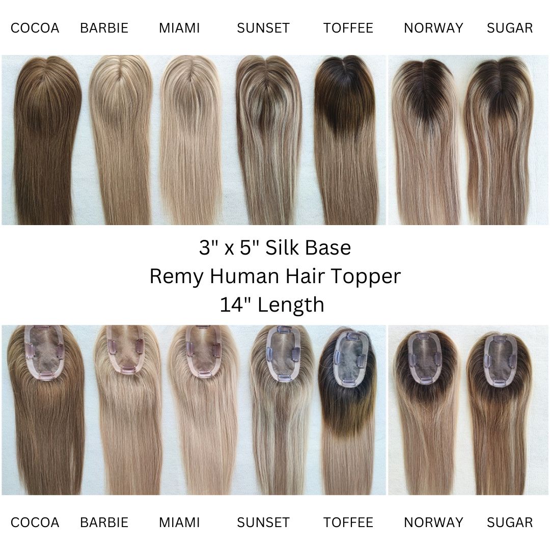 Remy human hair topper 3 x 5 silk base, 14 inch | Milk & Honey Wigs