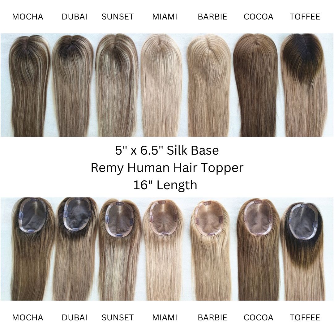 Remy human hair topper 5 x 6.5 silk base, 16 inch | Milk & Honey Wigs