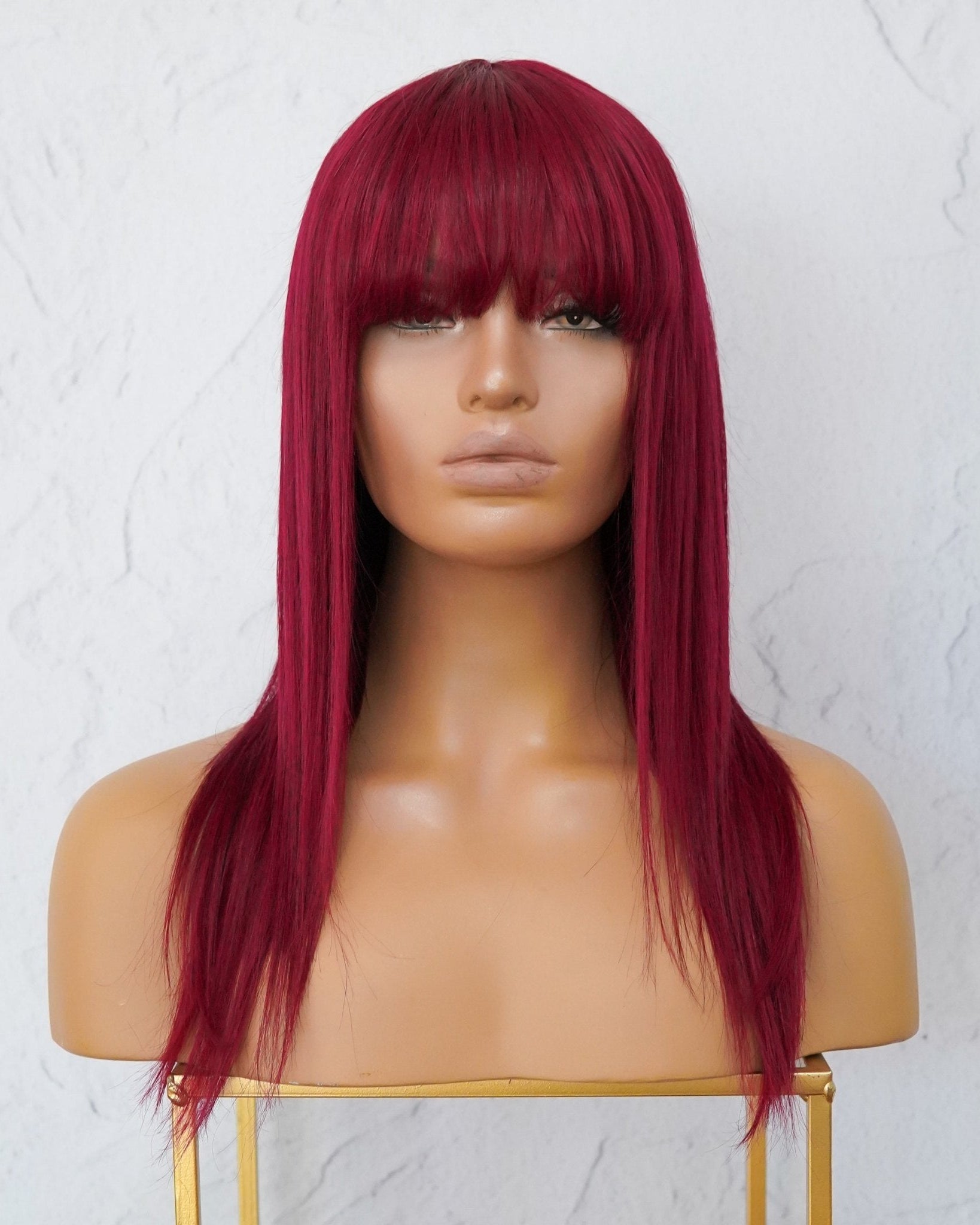 VICTORIA Burgundy Red Human Hair Fringe Wig - Milk & Honey Wigs