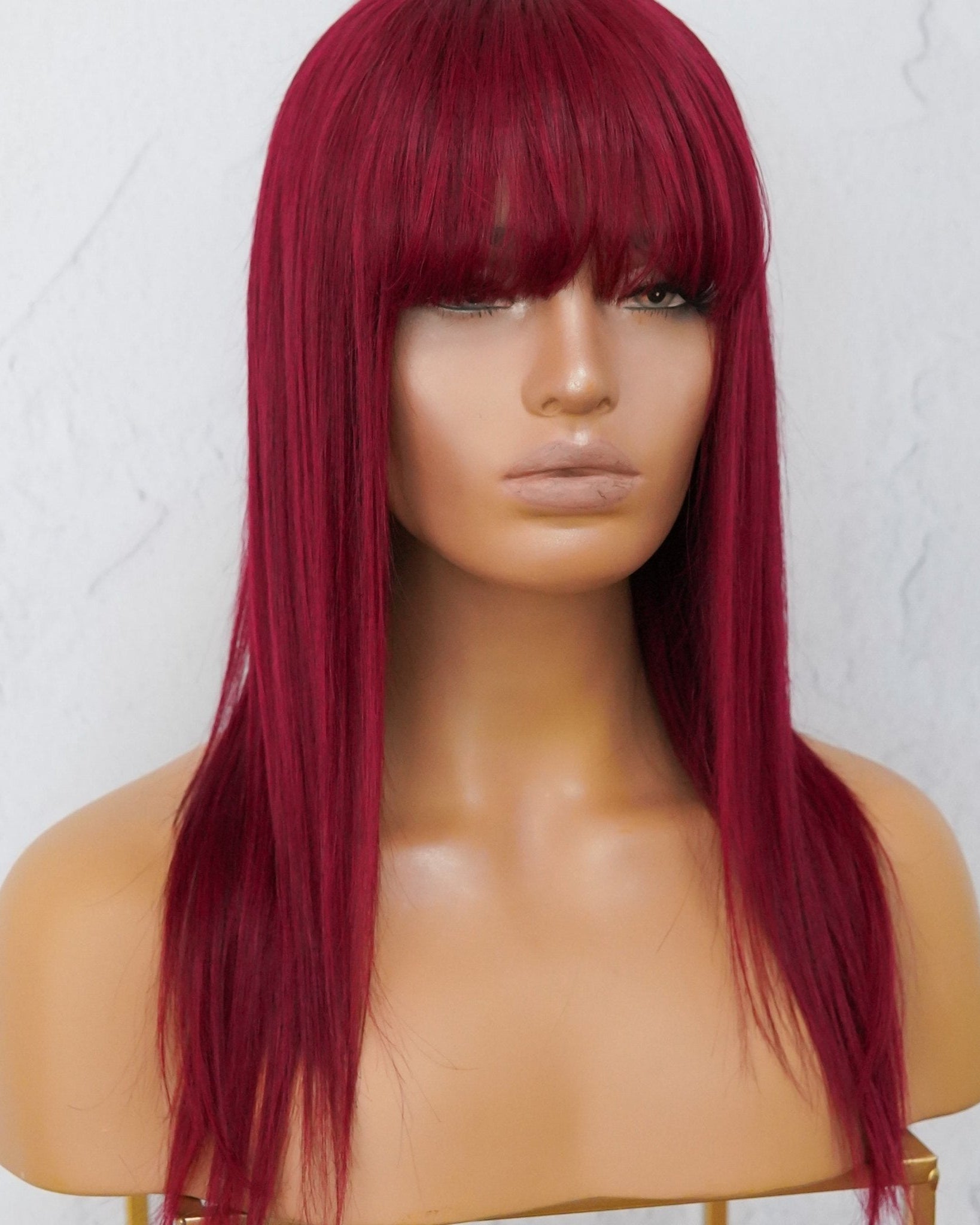 VICTORIA Burgundy Red Human Hair Fringe Wig - Milk & Honey Wigs