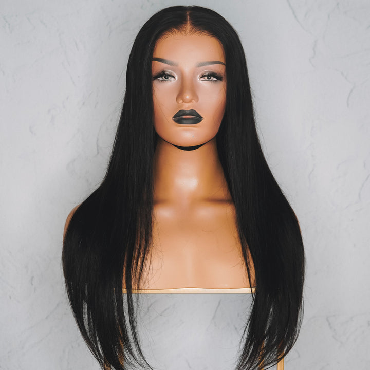 SEAMLESS Ready To Wear 20" 9x6" #1 JET BLACK Straight Human Hair Wig **READY TO SHIP**