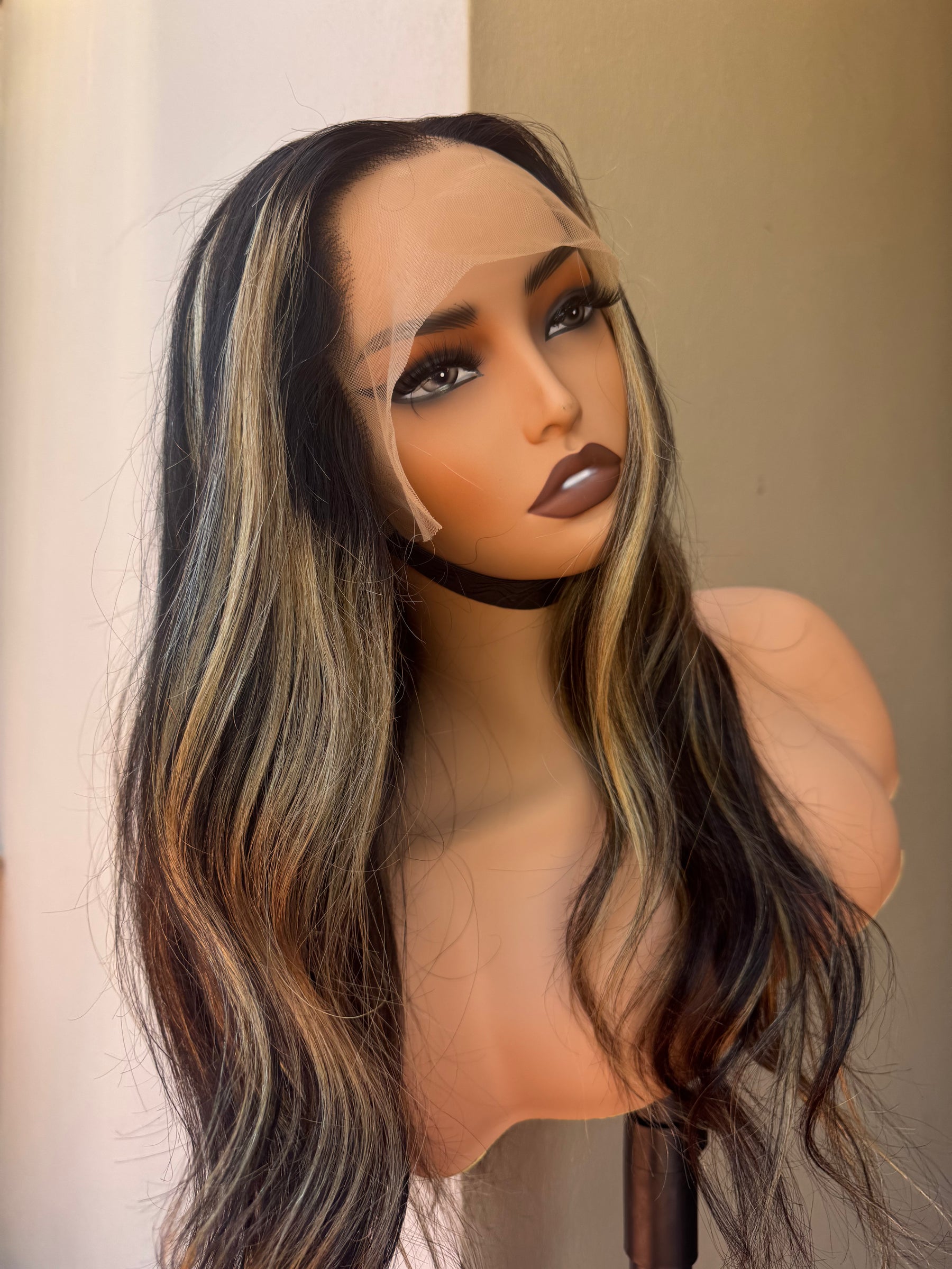 DARKEST BROWN w/ Blonde Human Hair Lace Front Wig