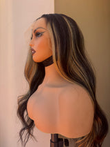 DARKEST BROWN w/ Blonde Human Hair Lace Front Wig