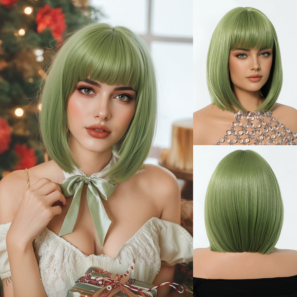 Sleek Olive Green Bob Wig - MARKETPLACE